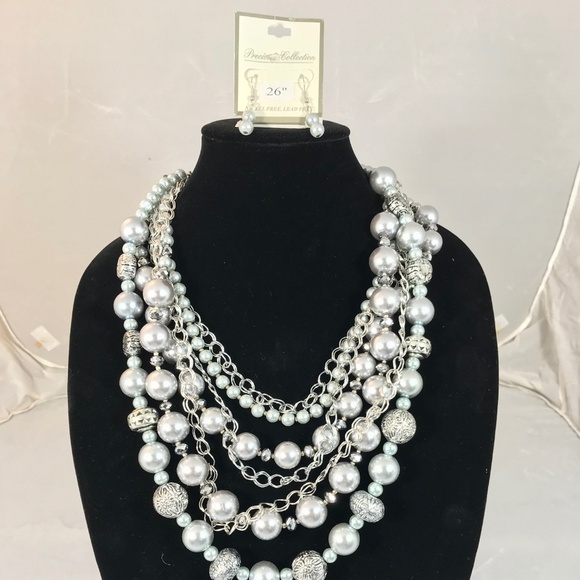 Jewelry - SILVER PEARL AND CHAIN MIXED NECKLACE EARRINGS SET